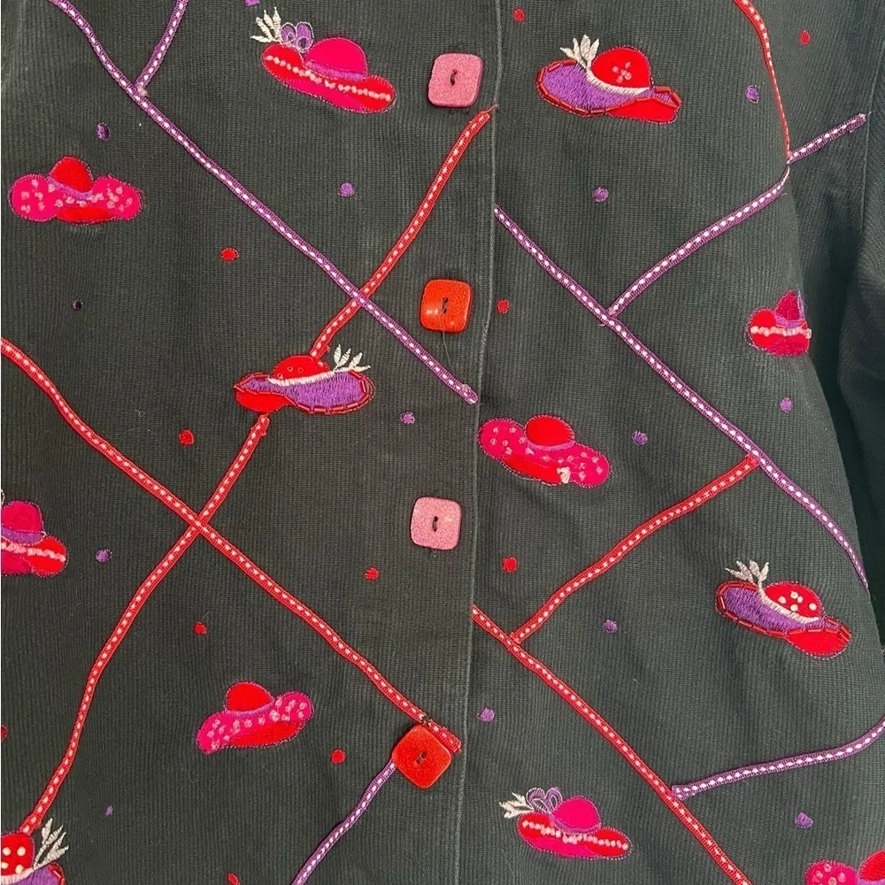 Vintage -Style Red Hat Society Jacket - Black Denim, Bold Stitching & Buttons - Picture 3 of 5